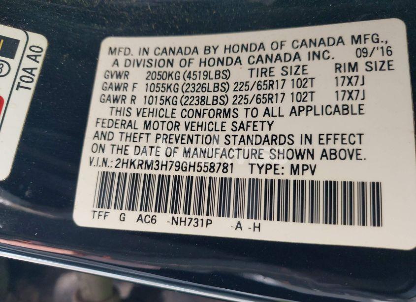 Photo 9 of 2016 Honda Cr-v EX-L (VIN 2HKRM3H79GH558781)