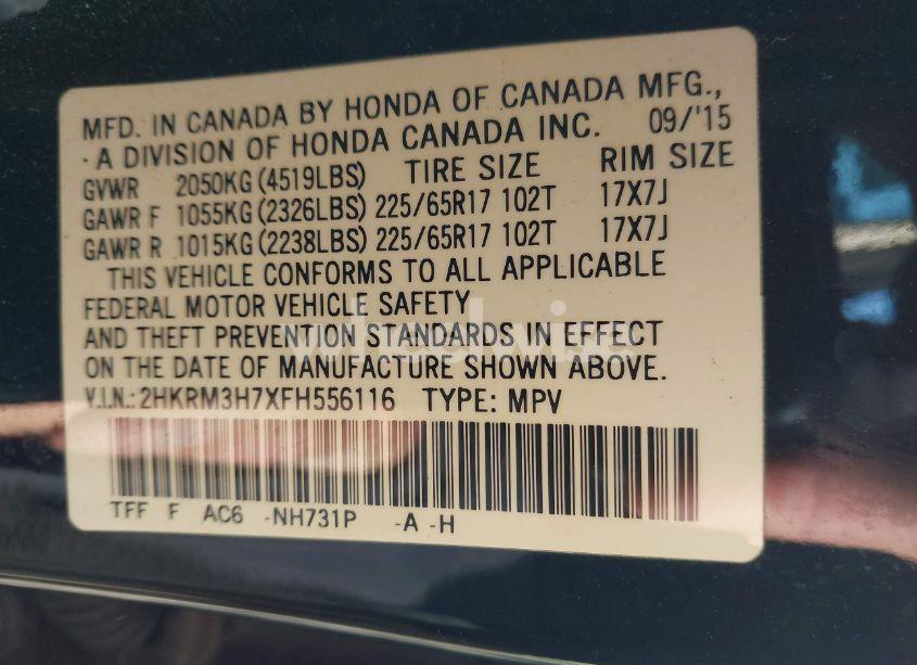 Photo 9 of 2015 Honda Cr-v EX-L (VIN 2HKRM3H7XFH556116)