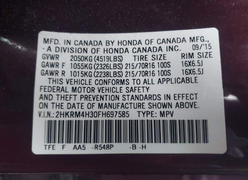 Photo 9 of 2015 Honda Cr-v LX (VIN 2HKRM4H30FH697585)