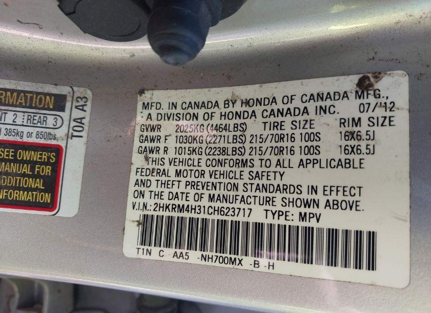 Photo 9 of 2012 Honda Cr-v LX (VIN 2HKRM4H31CH623717)