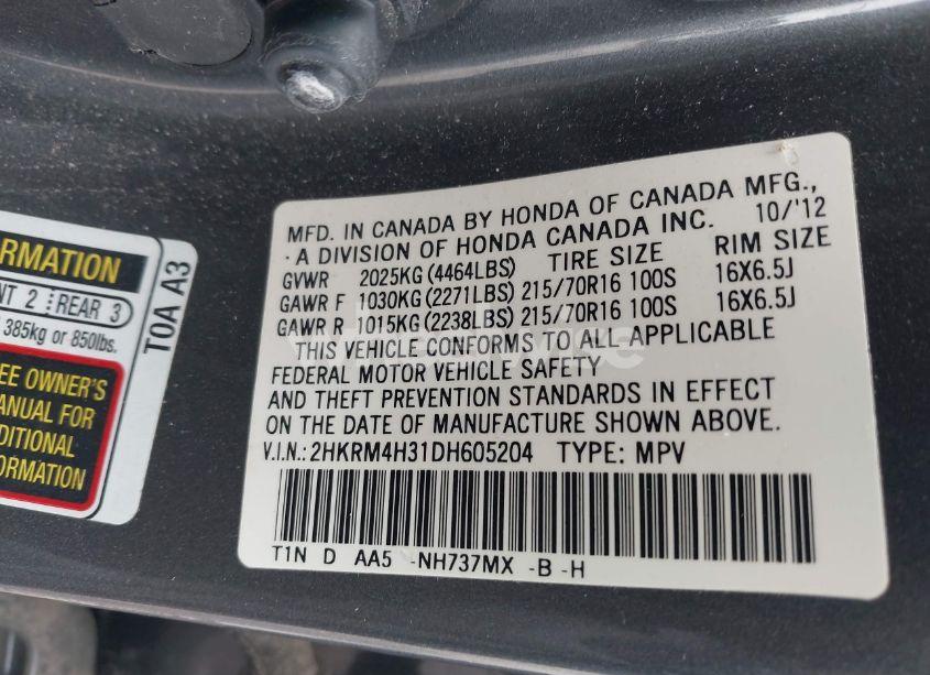 Photo 9 of 2013 Honda Cr-v LX (VIN 2HKRM4H31DH605204)