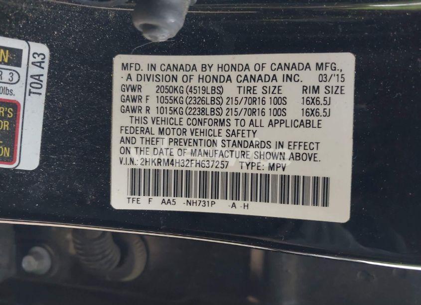 Photo 9 of 2015 Honda Cr-v LX (VIN 2HKRM4H32FH637257)