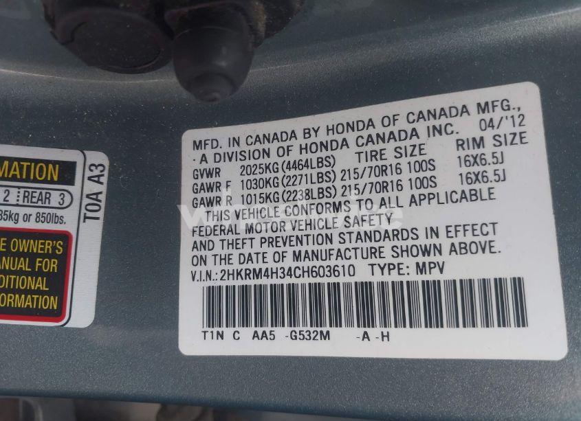 Photo 9 of 2012 Honda Cr-v LX (VIN 2HKRM4H34CH603610)