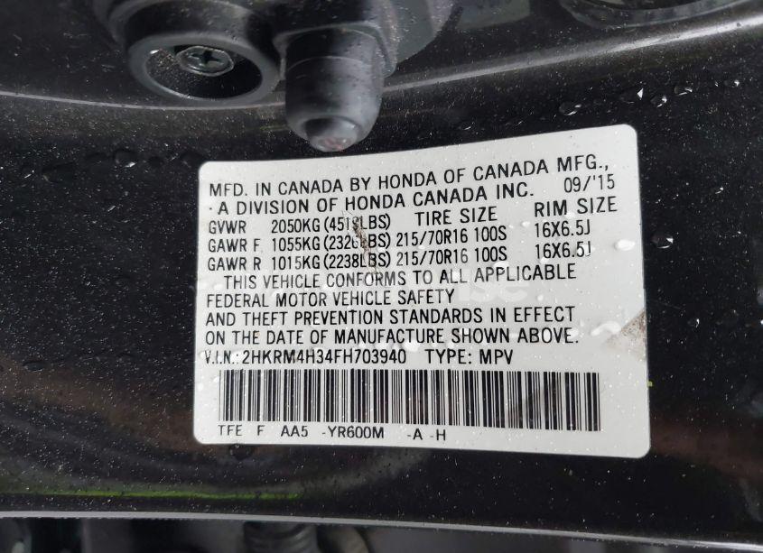 Photo 9 of 2015 Honda Cr-v LX (VIN 2HKRM4H34FH703940)