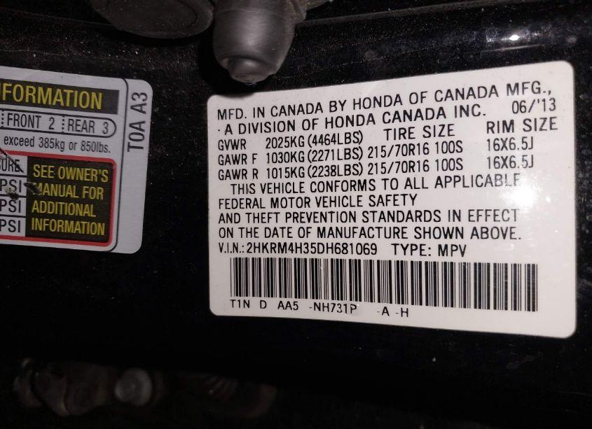 Photo 9 of 2013 Honda Cr-v LX (VIN 2HKRM4H35DH681069)