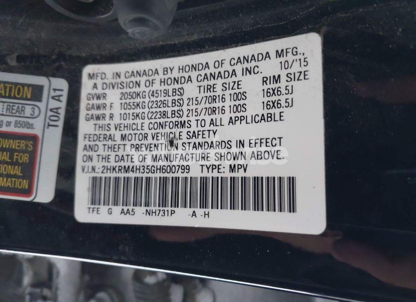 Photo 9 of 2016 Honda Cr-v LX (VIN 2HKRM4H35GH600799)