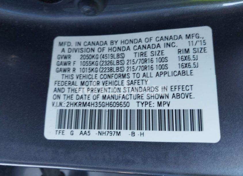 Photo 9 of 2016 Honda Cr-v LX (VIN 2HKRM4H35GH609650)