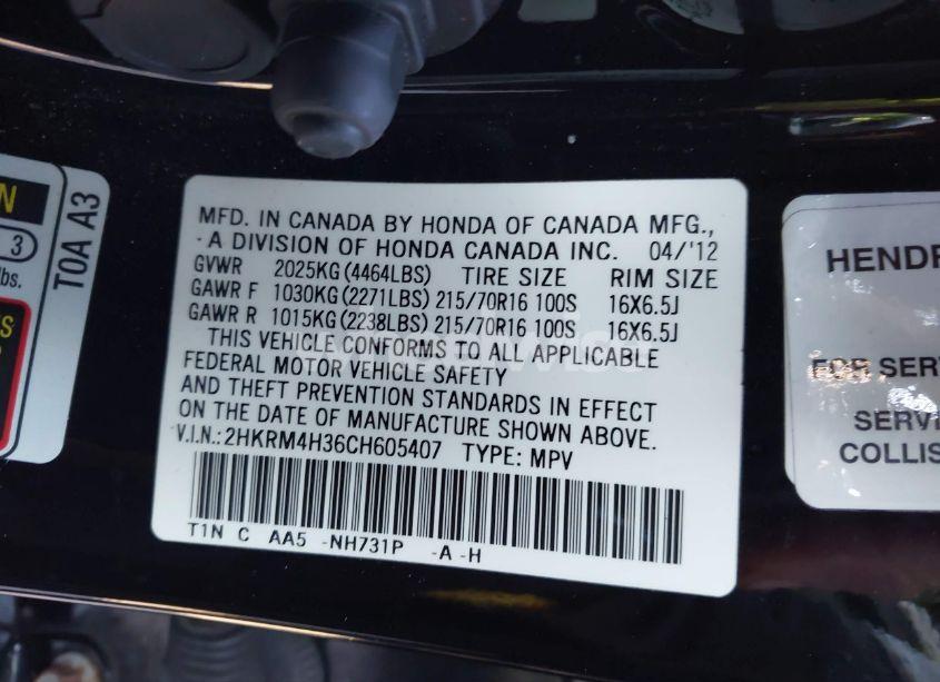 Photo 9 of 2012 Honda Cr-v LX (VIN 2HKRM4H36CH605407)