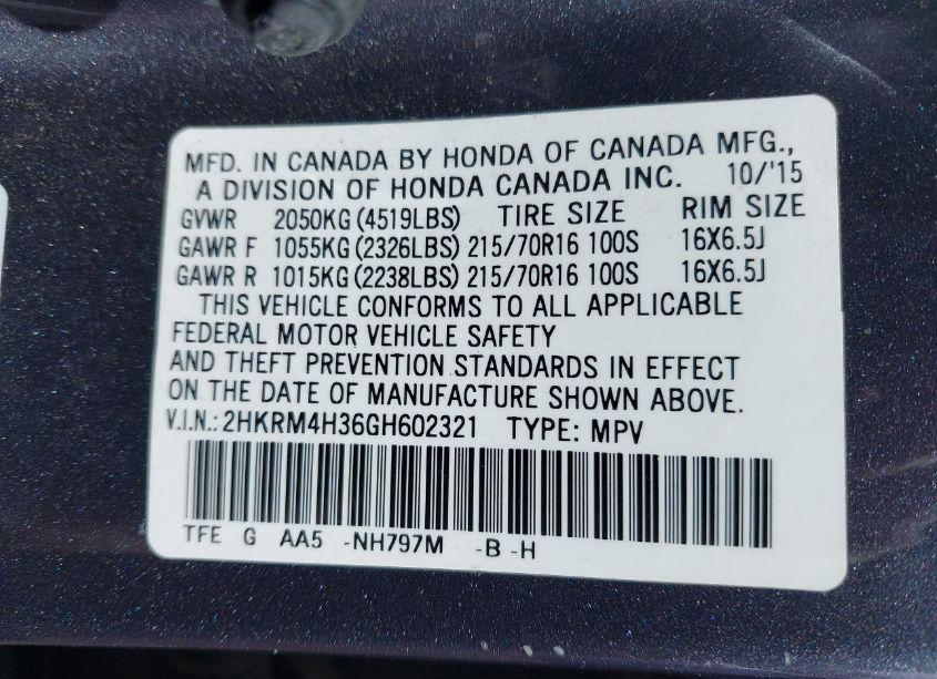 Photo 9 of 2016 Honda Cr-v LX (VIN 2HKRM4H36GH602321)