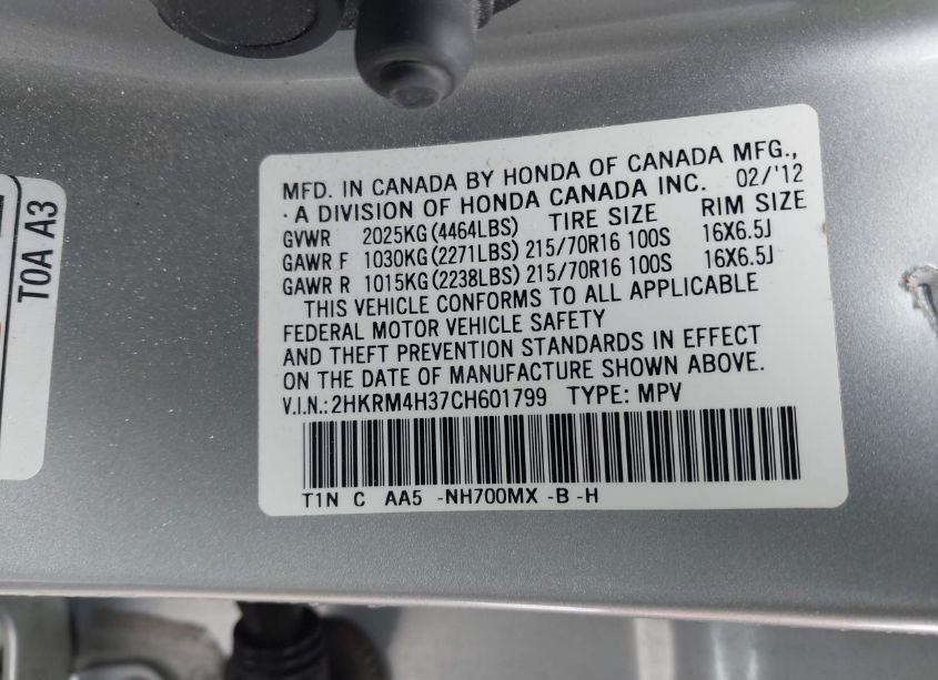 Photo 9 of 2012 Honda Cr-v LX (VIN 2HKRM4H37CH601799)
