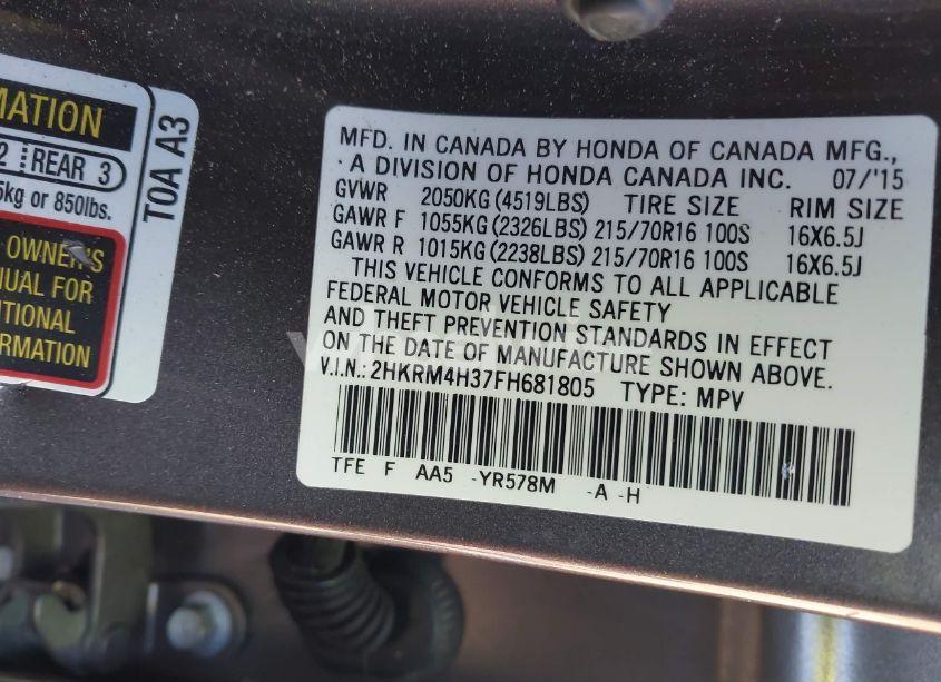 Photo 9 of 2015 Honda Cr-v LX (VIN 2HKRM4H37FH681805)