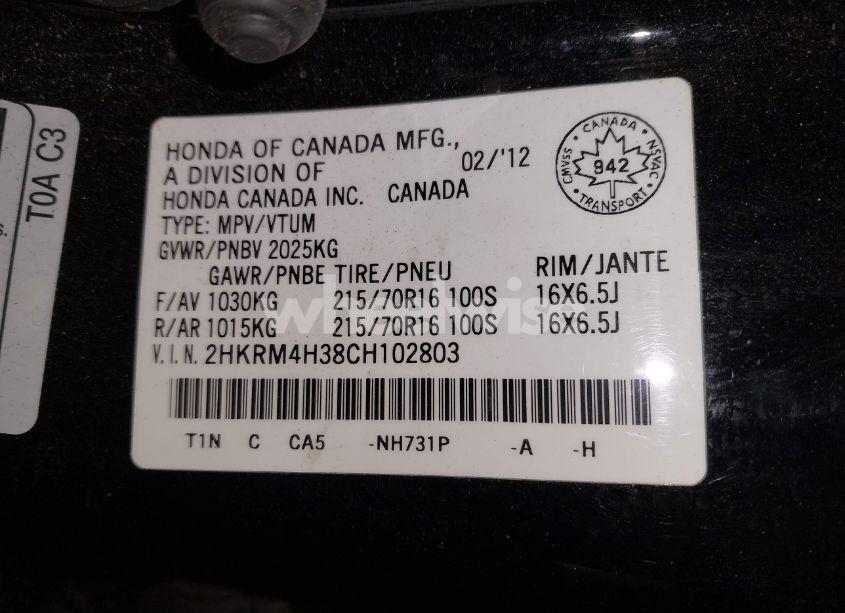 Photo 9 of 2012 Honda Cr-v LX (VIN 2HKRM4H38CH102803)