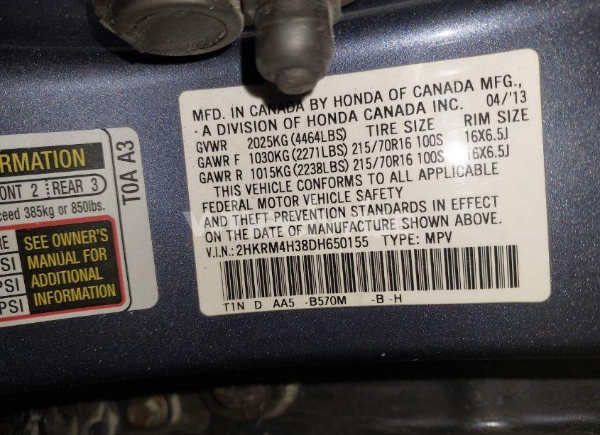 Photo 9 of 2013 Honda Cr-v LX (VIN 2HKRM4H38DH650155)