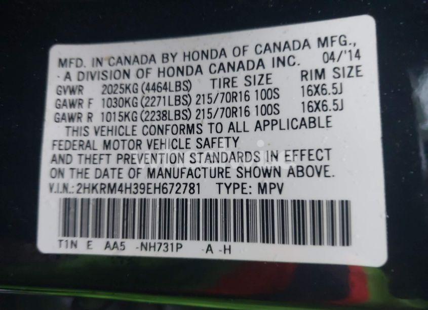 Photo 9 of 2014 Honda Cr-v LX (VIN 2HKRM4H39EH672781)