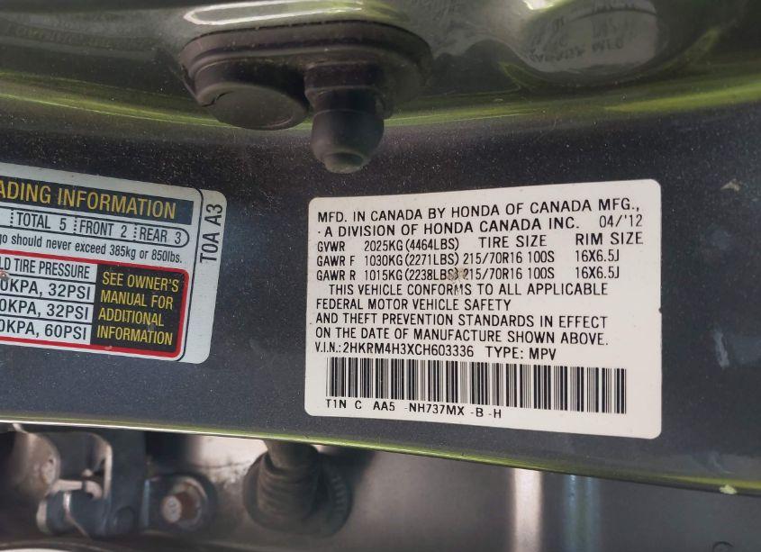 Photo 9 of 2012 Honda Cr-v LX (VIN 2HKRM4H3XCH603336)