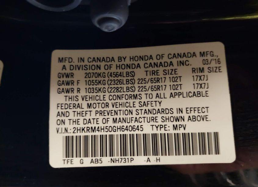 Photo 9 of 2016 Honda Cr-v EX (VIN 2HKRM4H50GH640645)