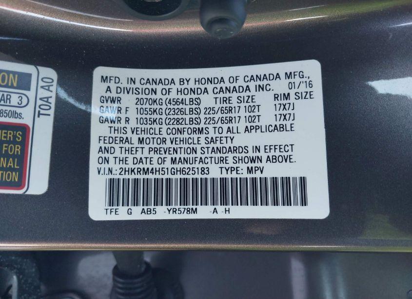 Photo 9 of 2016 Honda Cr-v EX (VIN 2HKRM4H51GH625183)