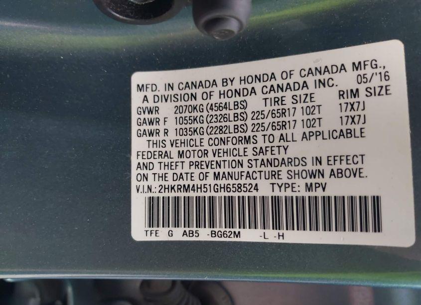 Photo 9 of 2016 Honda Cr-v EX (VIN 2HKRM4H51GH658524)