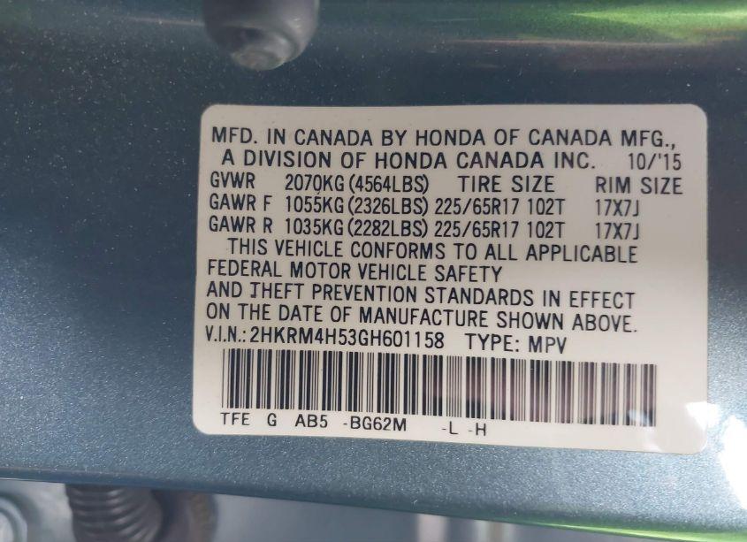 Photo 9 of 2016 Honda Cr-v EX (VIN 2HKRM4H53GH601158)
