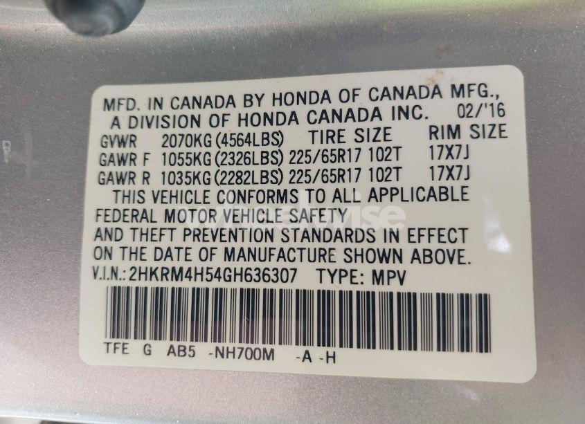 Photo 9 of 2016 Honda Cr-v EX (VIN 2HKRM4H54GH636307)