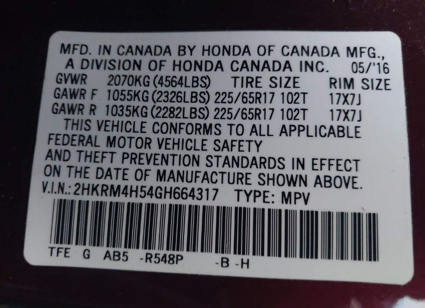 Photo 9 of 2016 Honda Cr-v EX (VIN 2HKRM4H54GH664317)