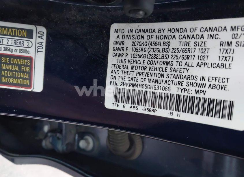 Photo 9 of 2016 Honda Cr-v EX (VIN 2HKRM4H55GH631066)