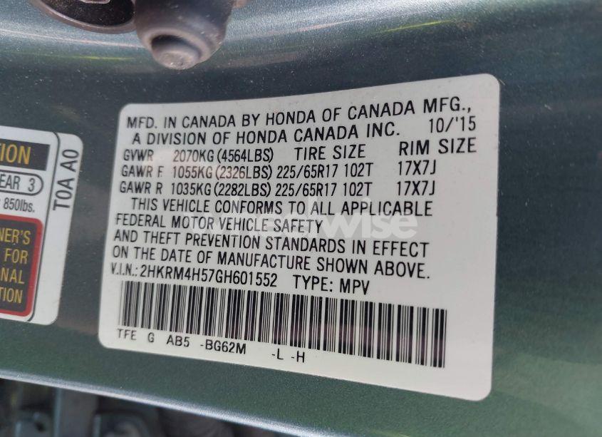 Photo 9 of 2016 Honda Cr-v EX (VIN 2HKRM4H57GH601552)