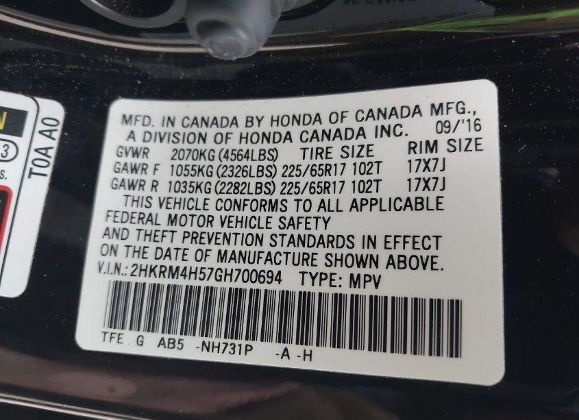 Photo 9 of 2016 Honda Cr-v EX (VIN 2HKRM4H57GH700694)