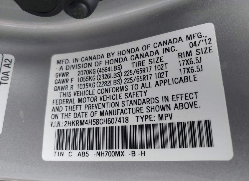 Photo 9 of 2012 Honda Cr-v EX (VIN 2HKRM4H58CH607418)