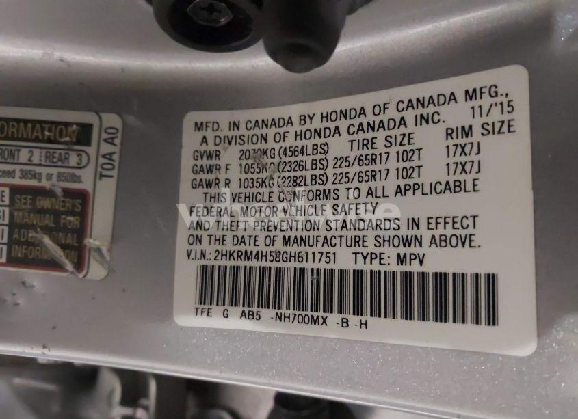 Photo 9 of 2016 Honda Cr-v EX (VIN 2HKRM4H58GH611751)