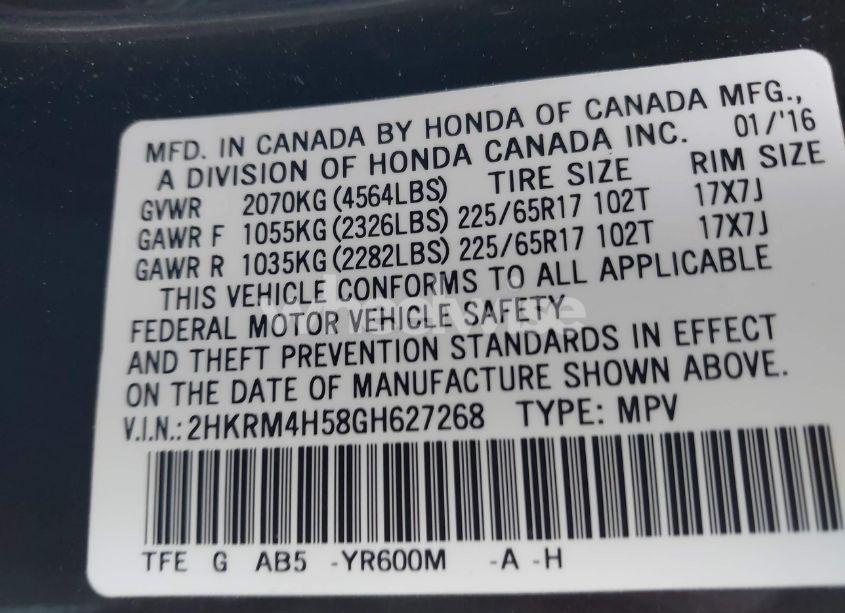 Photo 9 of 2016 Honda Cr-v EX (VIN 2HKRM4H58GH627268)