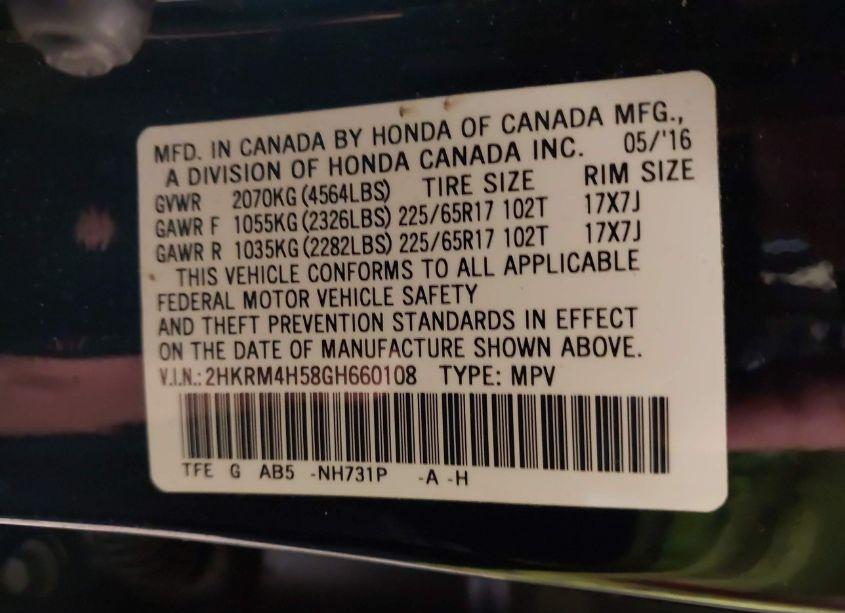 Photo 9 of 2016 Honda Cr-v EX (VIN 2HKRM4H58GH660108)