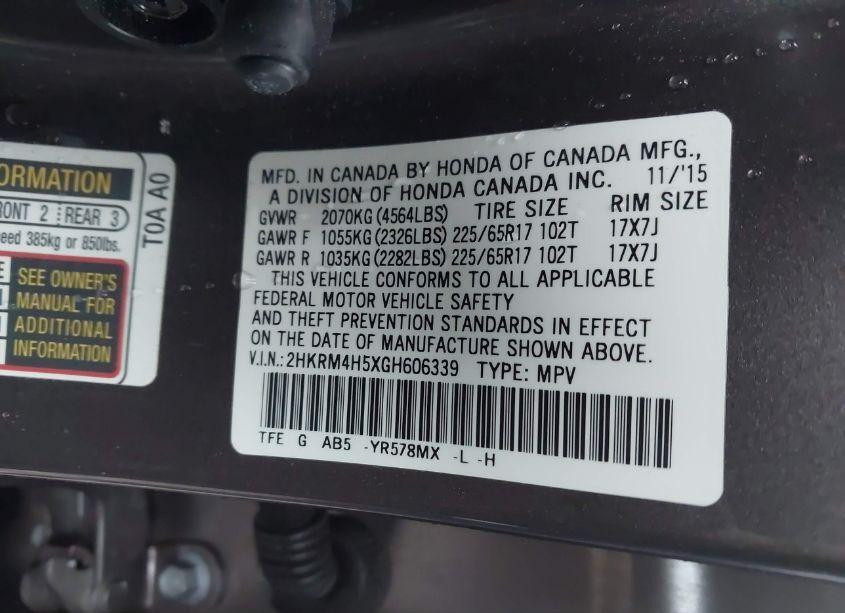 Photo 9 of 2016 Honda Cr-v EX (VIN 2HKRM4H5XGH606339)