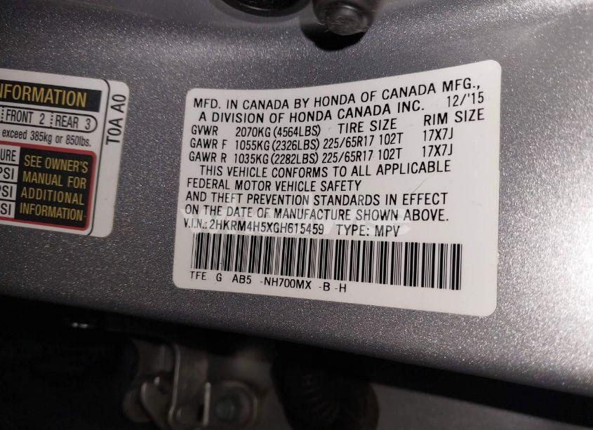 Photo 9 of 2016 Honda Cr-v EX (VIN 2HKRM4H5XGH615459)