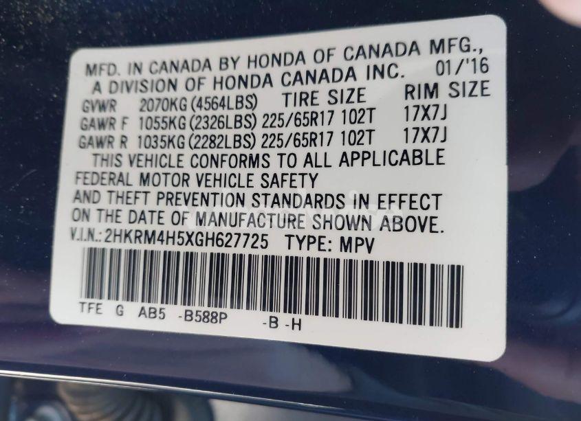 Photo 9 of 2016 Honda Cr-v EX (VIN 2HKRM4H5XGH627725)