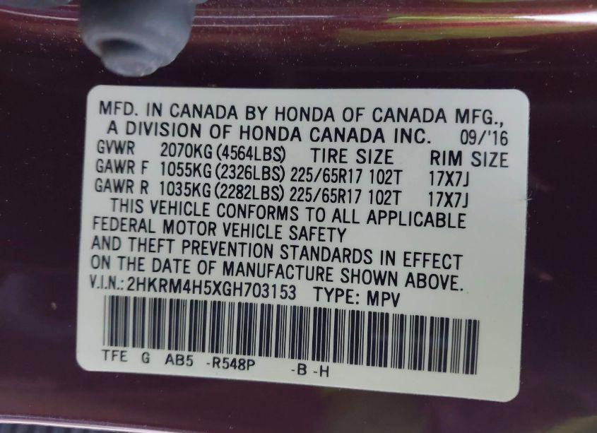 Photo 9 of 2016 Honda Cr-v EX (VIN 2HKRM4H5XGH703153)