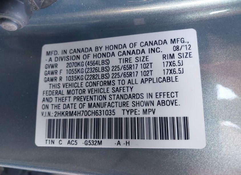 Photo 9 of 2012 Honda Cr-v EX-L (VIN 2HKRM4H70CH631035)