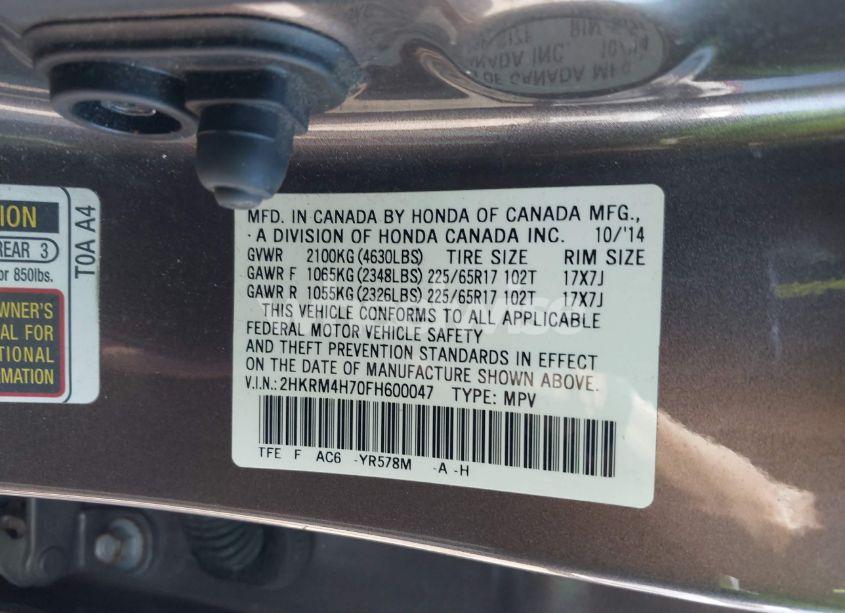 Photo 9 of 2015 Honda Cr-v EX-L (VIN 2HKRM4H70FH600047)