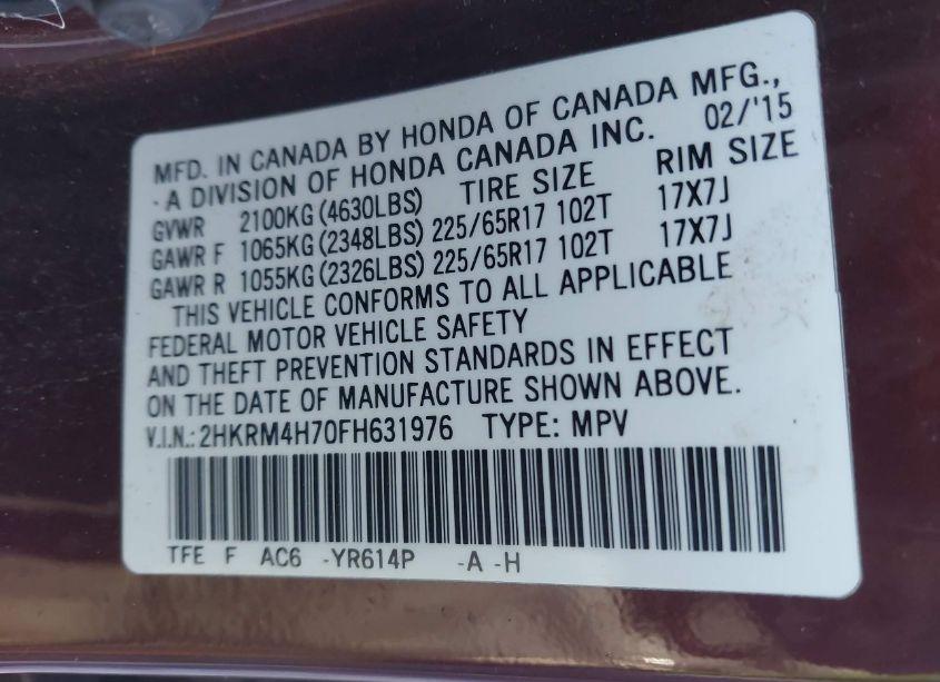 Photo 9 of 2015 Honda Cr-v EX-L (VIN 2HKRM4H70FH631976)