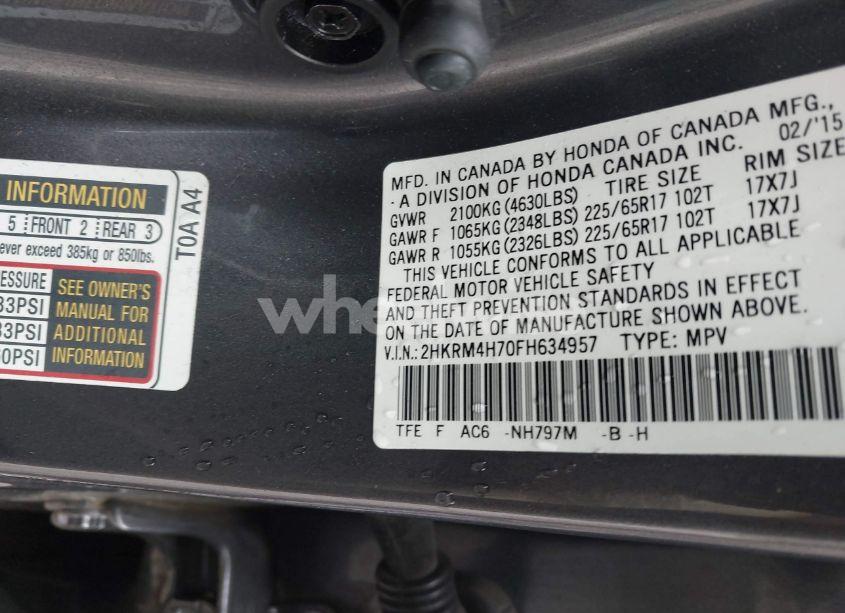 Photo 9 of 2015 Honda Cr-v EX-L (VIN 2HKRM4H70FH634957)