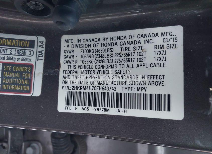 Photo 9 of 2015 Honda Cr-v EX-L (VIN 2HKRM4H70FH640743)