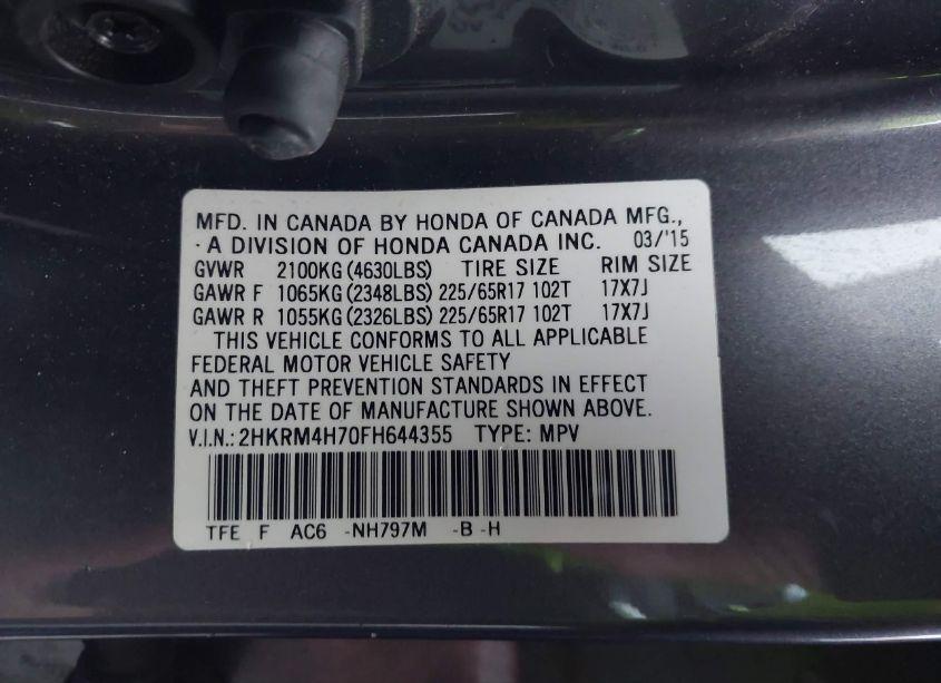 Photo 9 of 2015 Honda Cr-v EX-L (VIN 2HKRM4H70FH644355)