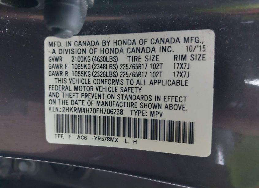 Photo 9 of 2015 Honda Cr-v EX-L (VIN 2HKRM4H70FH706238)