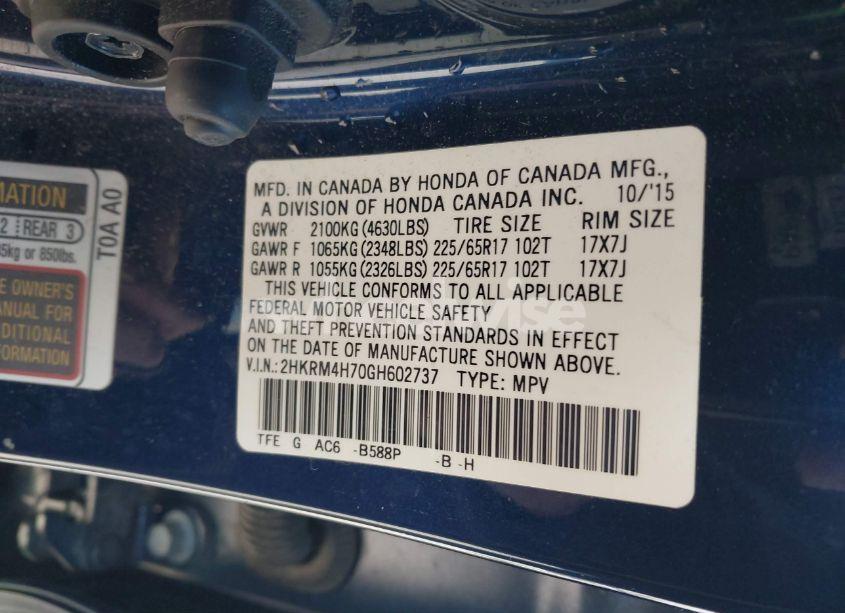 Photo 9 of 2016 Honda Cr-v EX-L (VIN 2HKRM4H70GH602737)