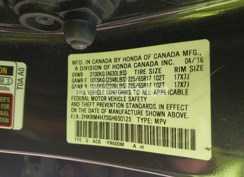 Photo 9 of 2016 Honda Cr-v EX-L (VIN 2HKRM4H70GH650125)