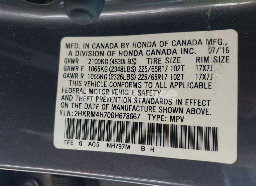 Photo 9 of 2016 Honda Cr-v EX-L (VIN 2HKRM4H70GH678667)