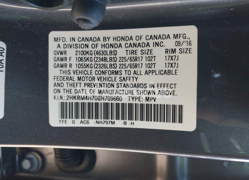 Photo 9 of 2016 Honda Cr-v EX-L (VIN 2HKRM4H70GH709660)