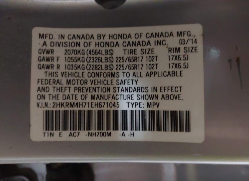 Photo 9 of 2014 Honda Cr-v EX-L (VIN 2HKRM4H71EH671045)