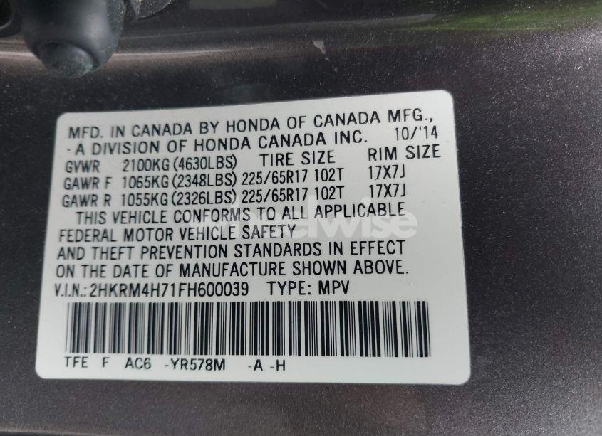 Photo 9 of 2015 Honda Cr-v EX-L (VIN 2HKRM4H71FH600039)