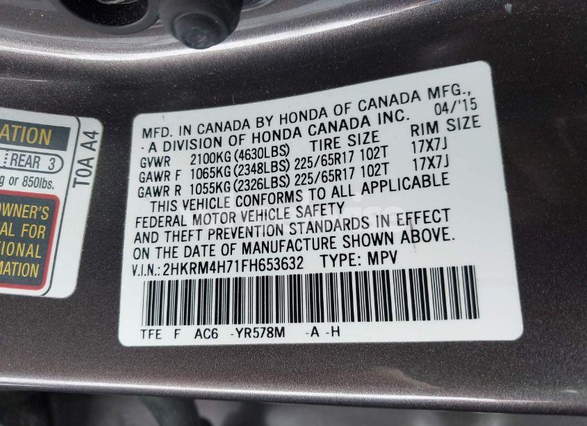 Photo 9 of 2015 Honda Cr-v EX-L (VIN 2HKRM4H71FH653632)